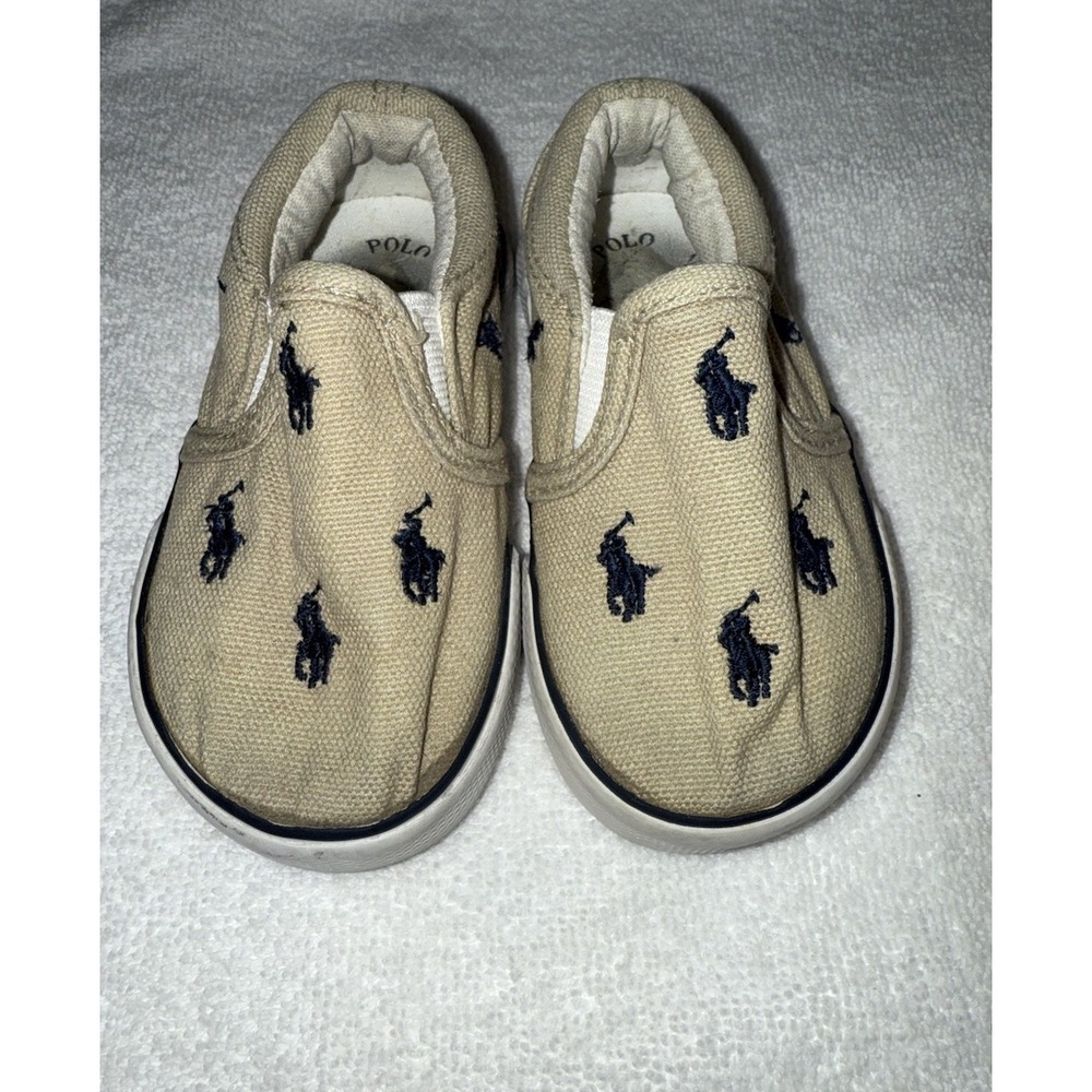 Polo Ralph Lauren Little Boys Shoes Size 5 Slip‎ On, Tan With Blue Horses